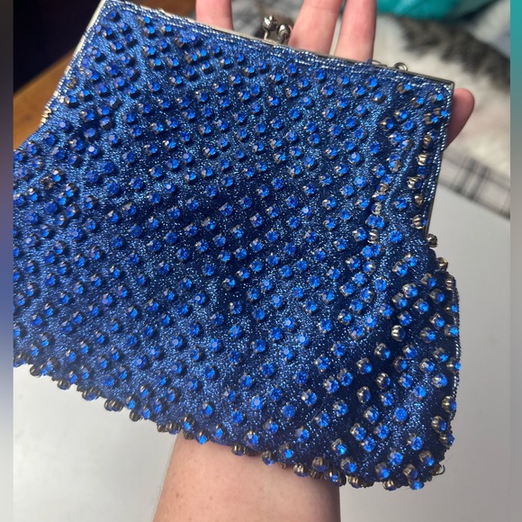 Walborg Vintage Gorgeous Blue Jeweled Silk Satin Liner Kiss Closure Clutch Purse - Picture 3 of 15